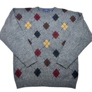 Argyle Lambswool Sweater Mens L‎ Gray 100% pure new wool Crew Neck *see pic